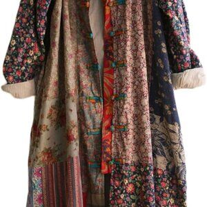 Women's Trench Coat Long Cotton Linen Floral Print Jacket Cottagecore Clothing P